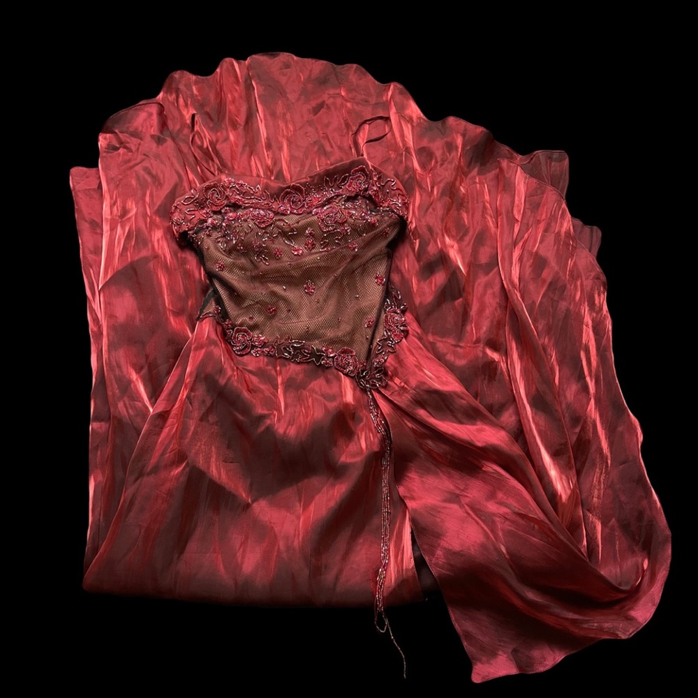 Handkerchief hem iridescent prom dress beaded